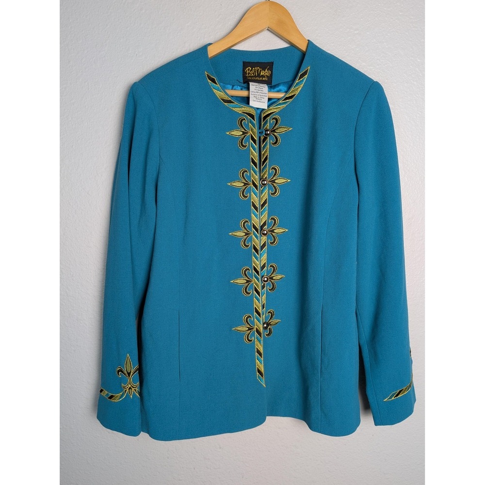 Bob Mackie Jacket Womens M‎ Blue Crepe Collarless Lined Embroidered Button Short
